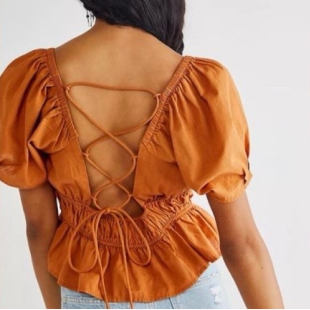 Free People Large Phoebe Smocked Lace Up Top in Brown